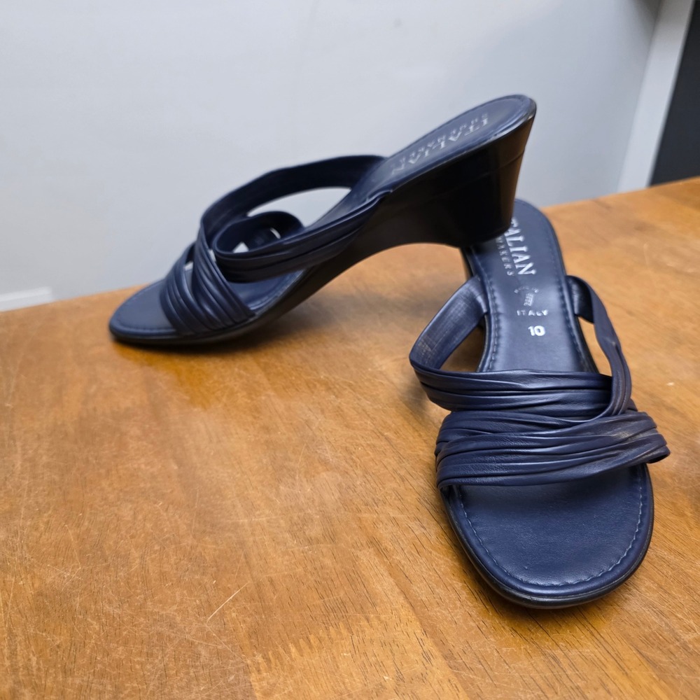 Italian Shoemakers Wedge Sandals Women 10 Navy Blue Slide Gathered Strap Italy